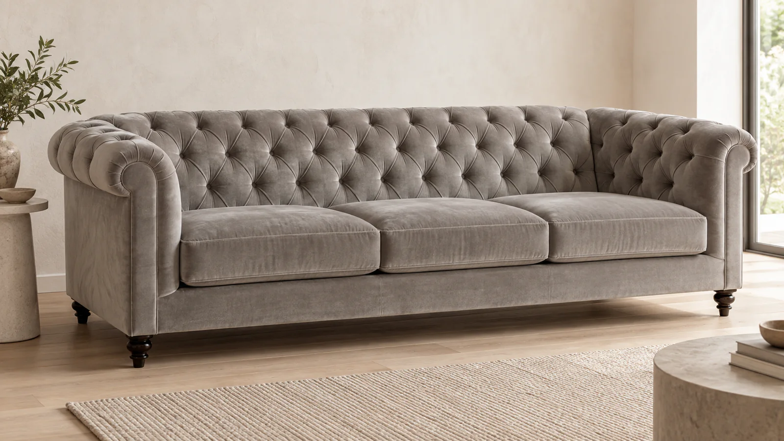 Grey button tufted sofa with deep diamond upholstery pattern