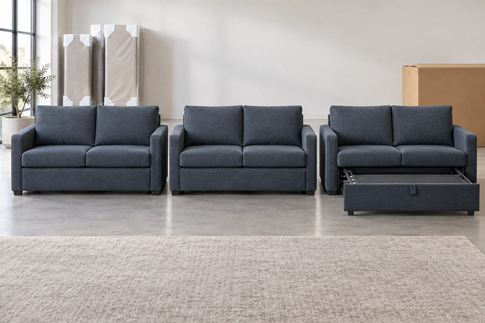 Three matching hotel sofa beds aligned for consistency review