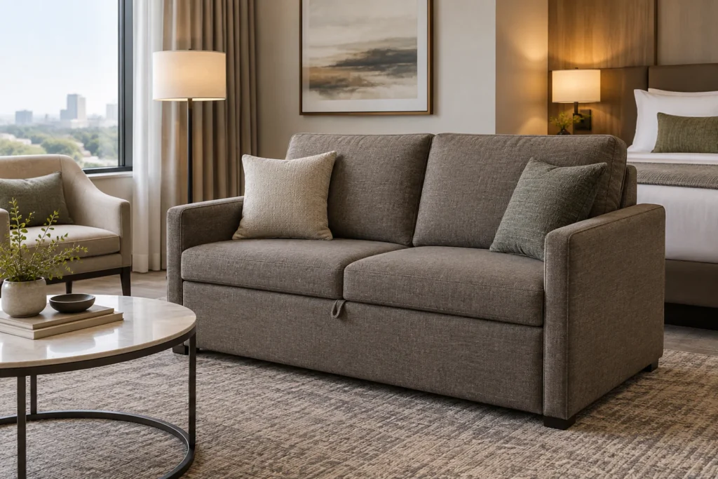 Modern hotel sofa bed in closed mode in a guest room