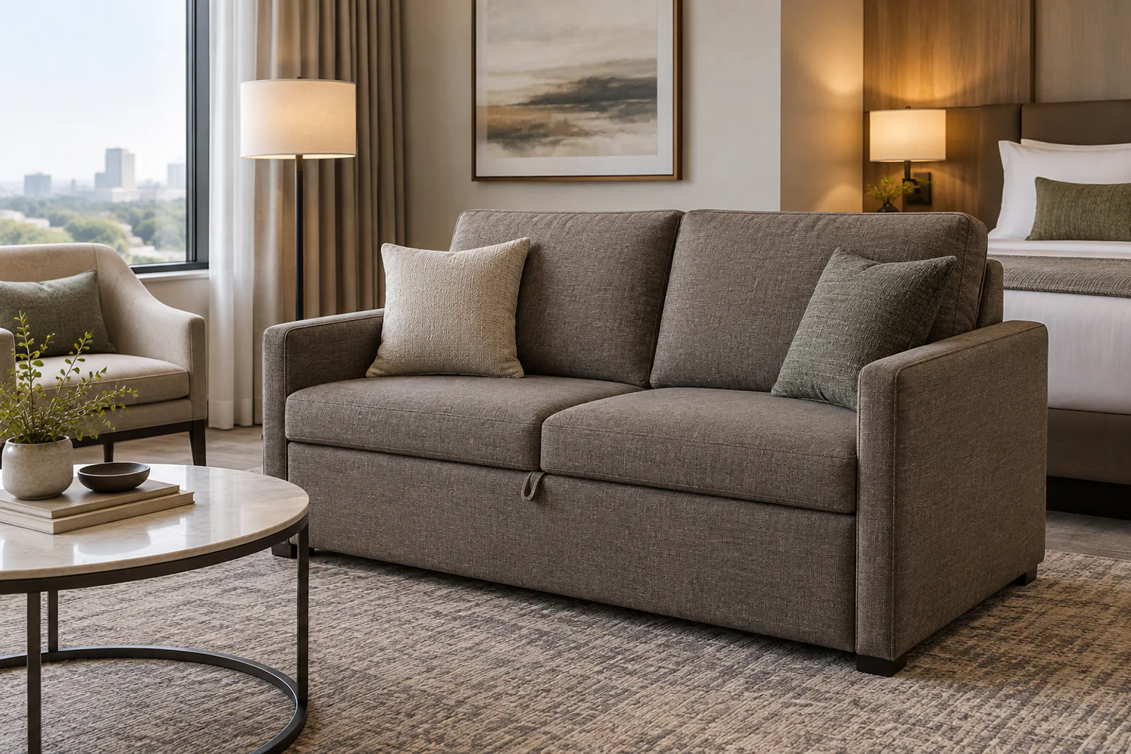 Modern hotel sofa bed in closed mode in a guest room