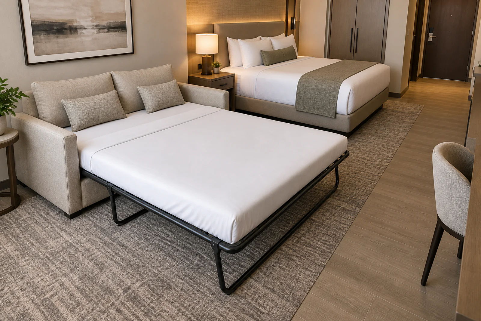 Hotel sofa bed fully opened with visible circulation clearance
