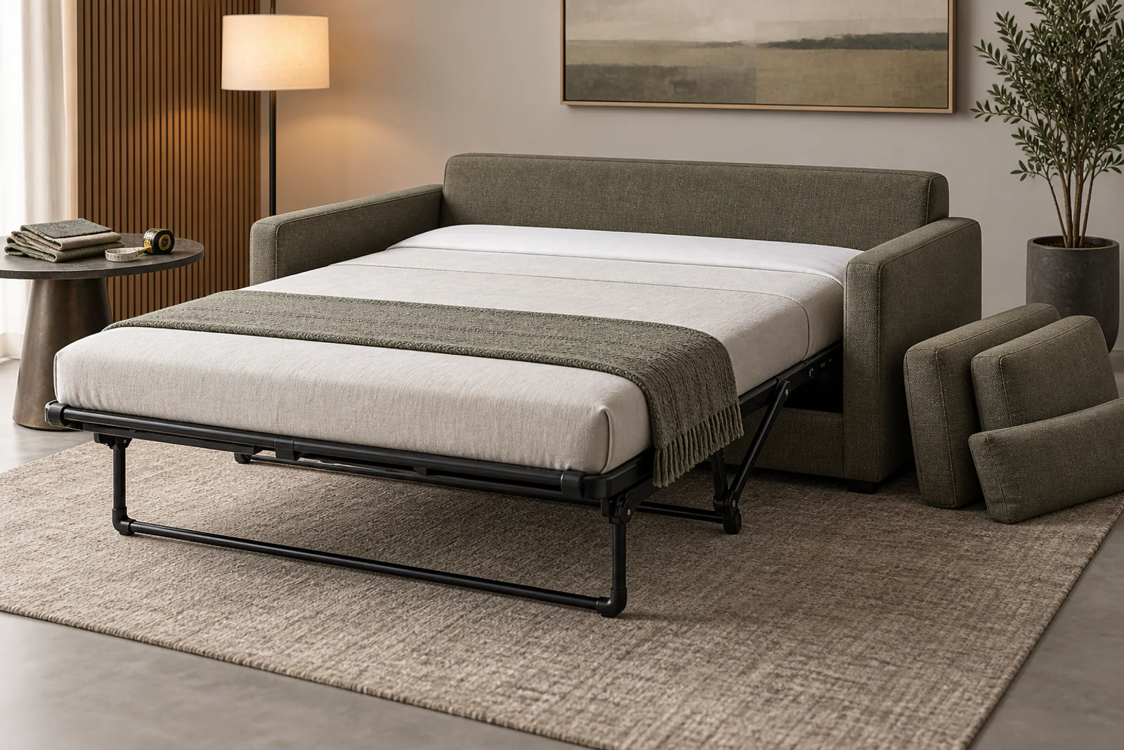 Hotel sofa bed opened for sample review with cushions and fabric swatches nearby