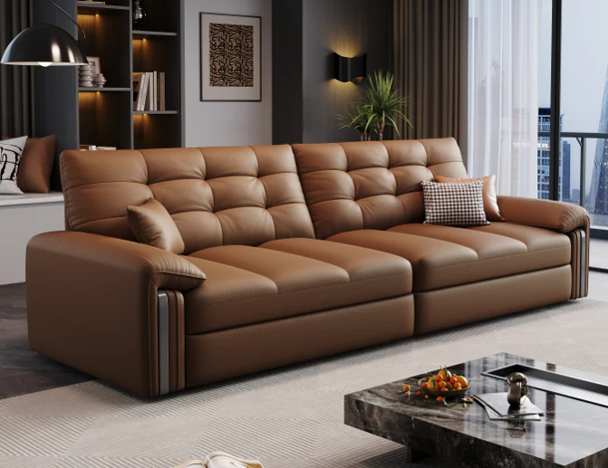 Wide caramel pull-out sofa bed with segmented cushions and padded arms