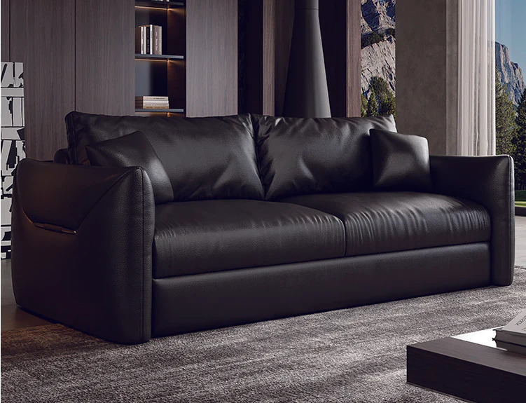 Black wing-arm mattress sleeper sofa with three loose back cushions