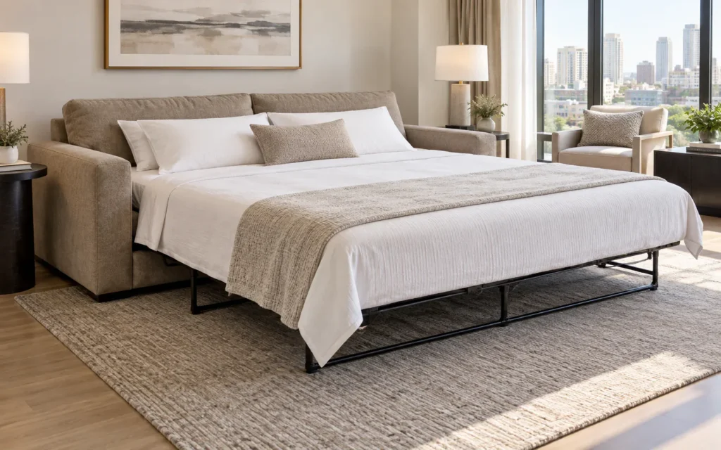 King sofa bed opened to show a broad sleeping surface