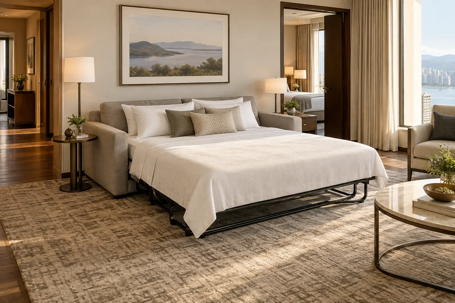 King size sofa bed opened with circulation space in a hotel suite