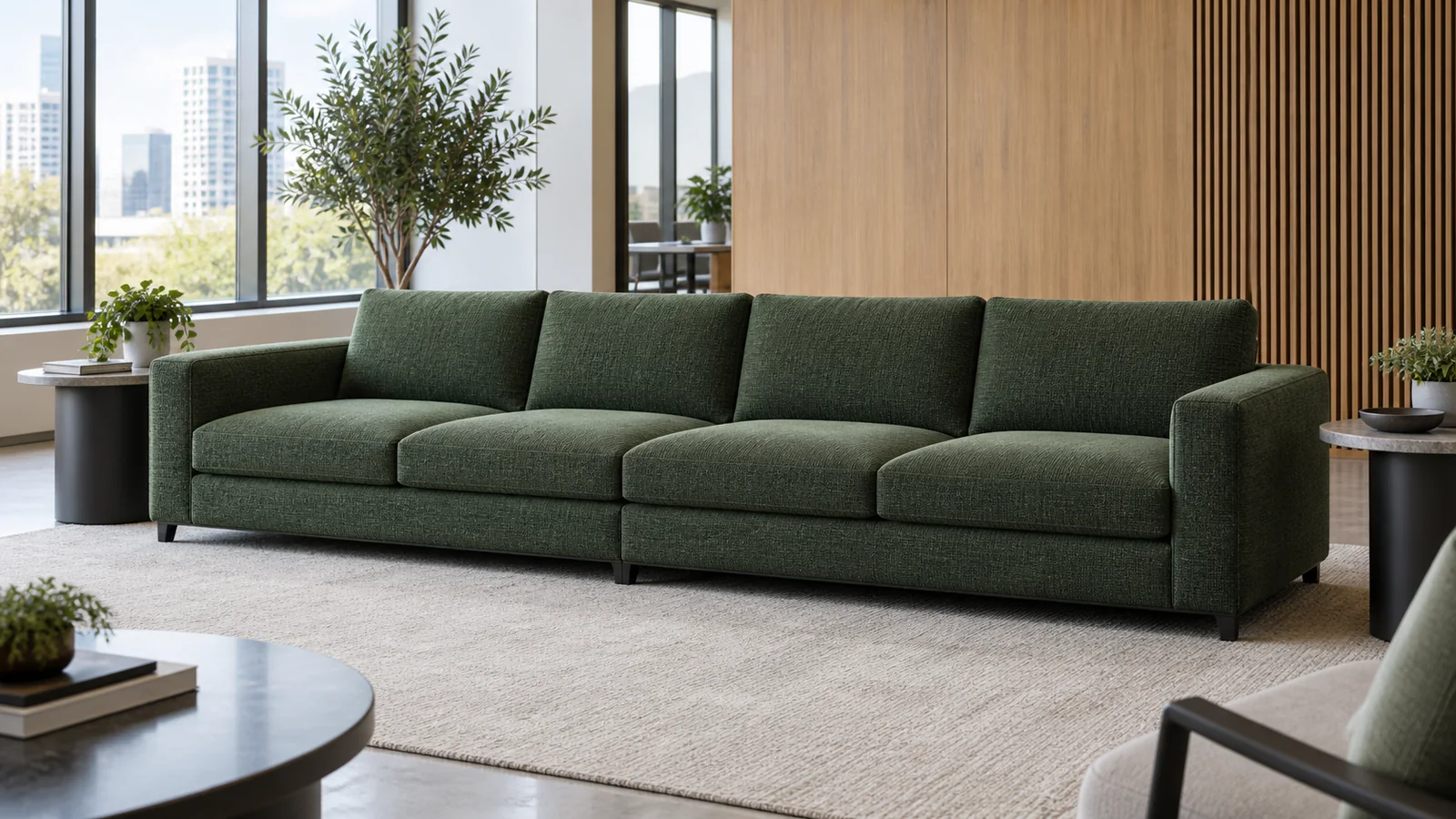 Large sofa in a commercial lounge Long green four-seat sofa in a modern commercial lounge