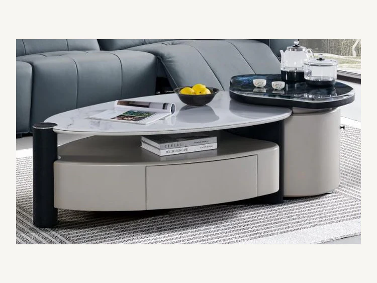 Layered oval storage coffee table with curved cabinet and raised top