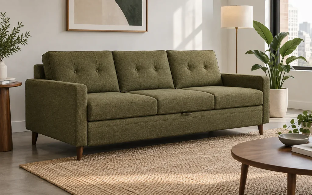 Mid century modern sleeper sofa with tapered walnut legs