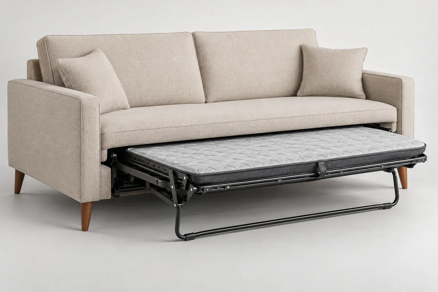 Pull-out mechanism integrated into a clean mid century sofa bed