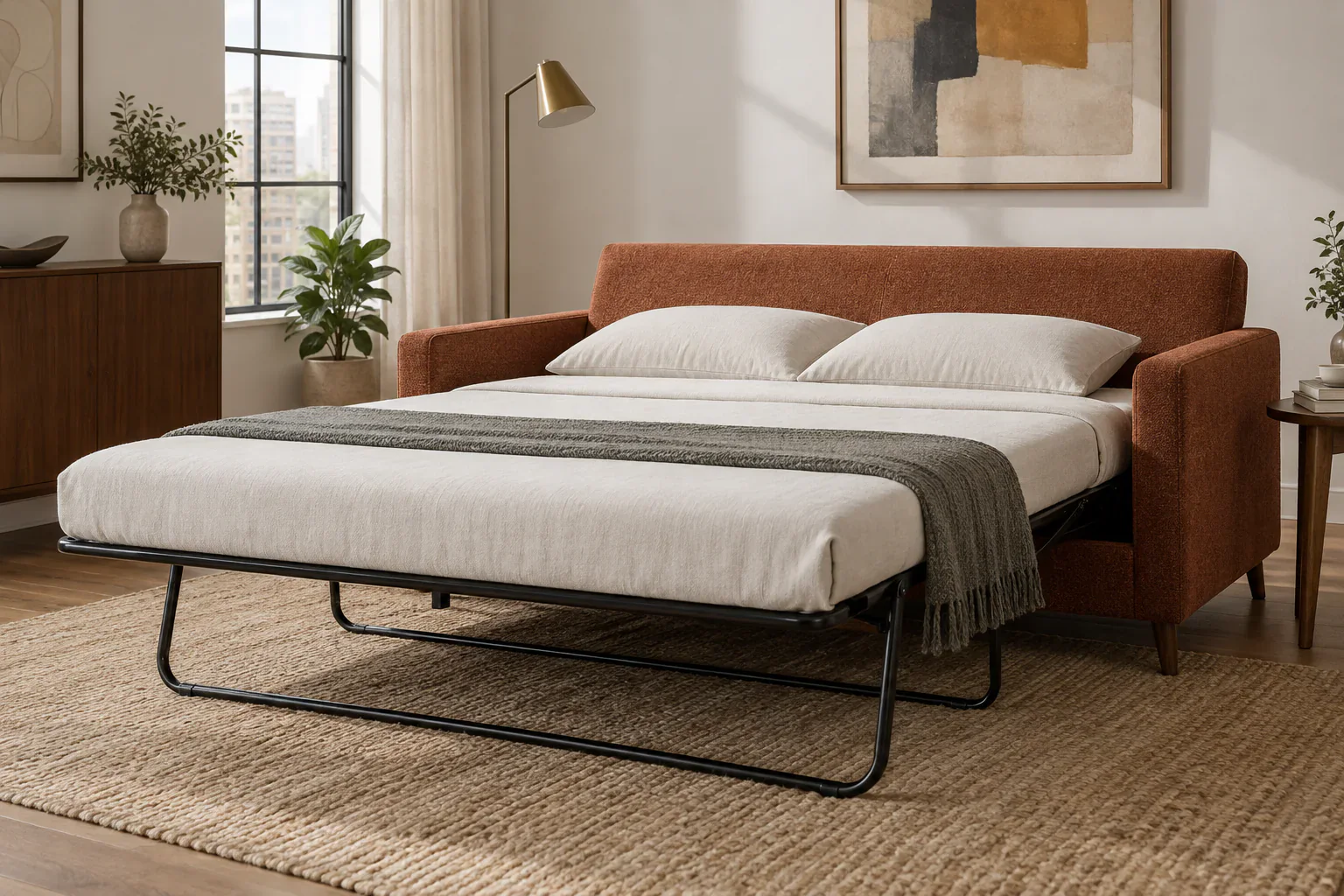 Mid century sleeper sofa opened on a fold-out frame