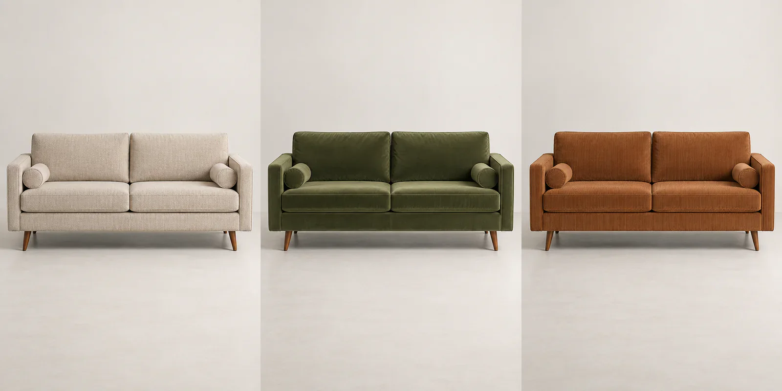 Mid century sofa bed upholstery options in woven fabric velvet and corduroy
