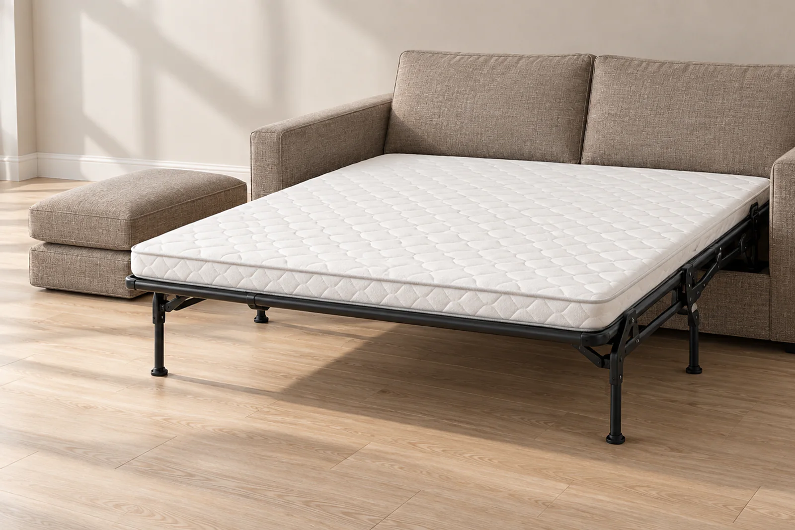Modern pull-out sofa bed open Modern pull-out sofa bed fully opened on a metal support frame