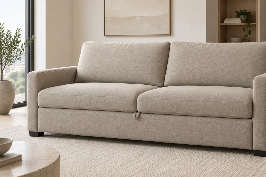 Modern two-seat sofa bed in closed mode with a concealed pull-out deck