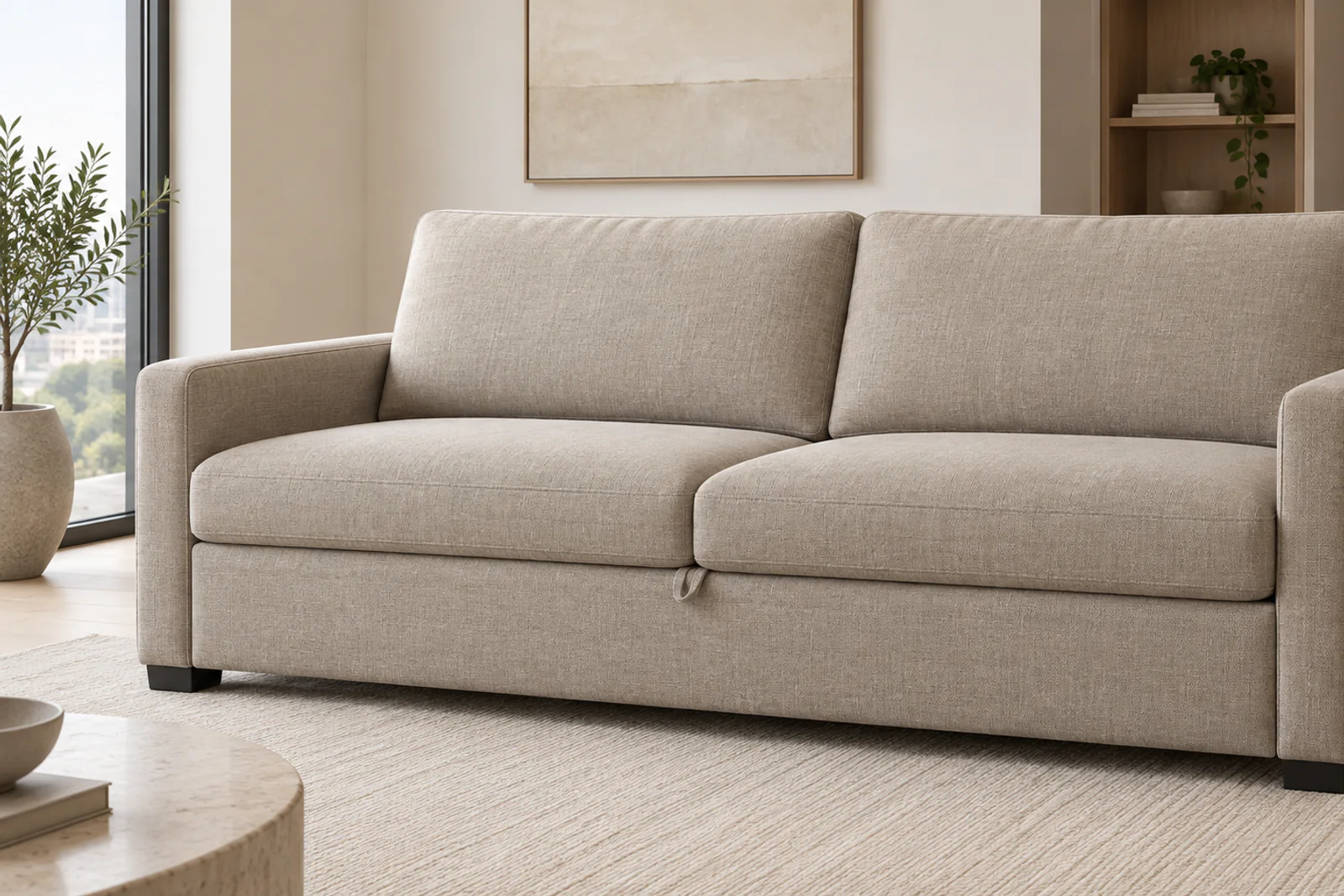 Modern sofa bed in closed mode Modern two-seat sofa bed in closed mode with a concealed pull-out deck