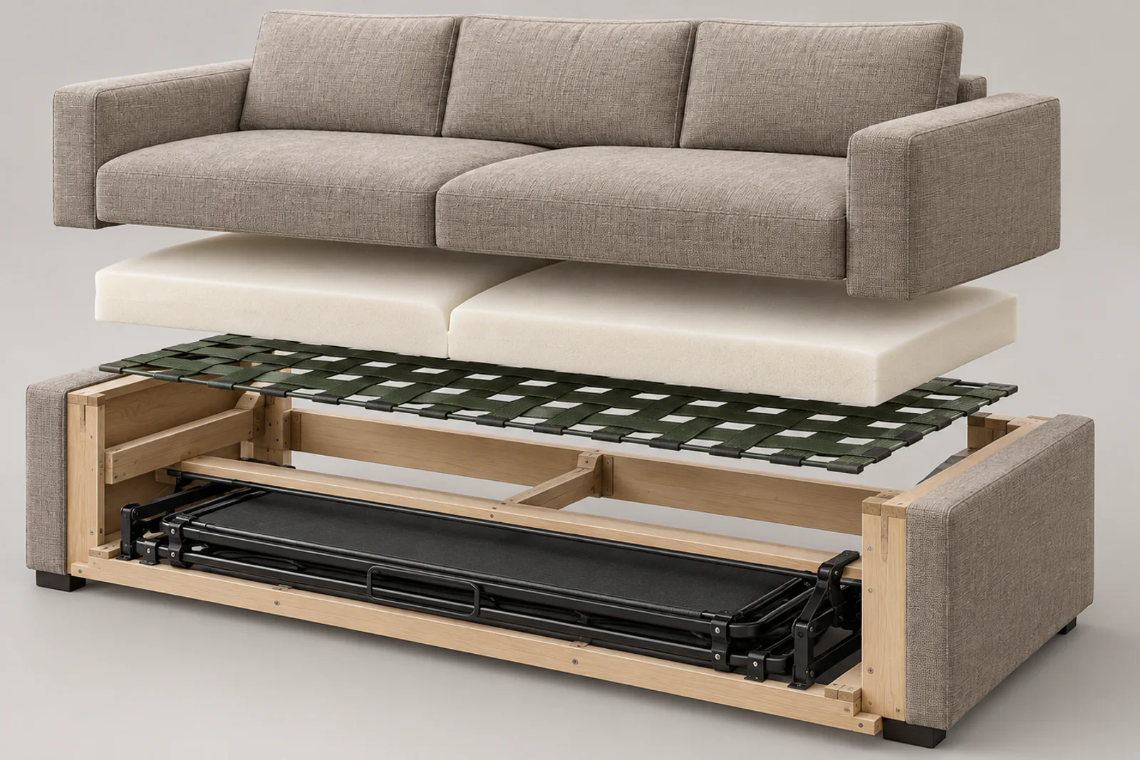 Modern sofa bed construction Exploded sofa bed construction showing upholstery, foam, webbing, wood frame and metal mechanism