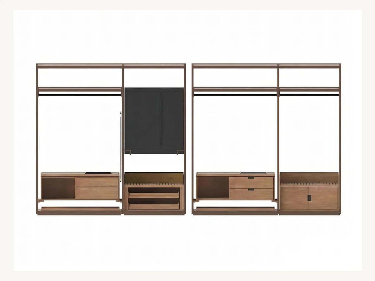 Open-frame wardrobe storage system with hanging rails and drawers