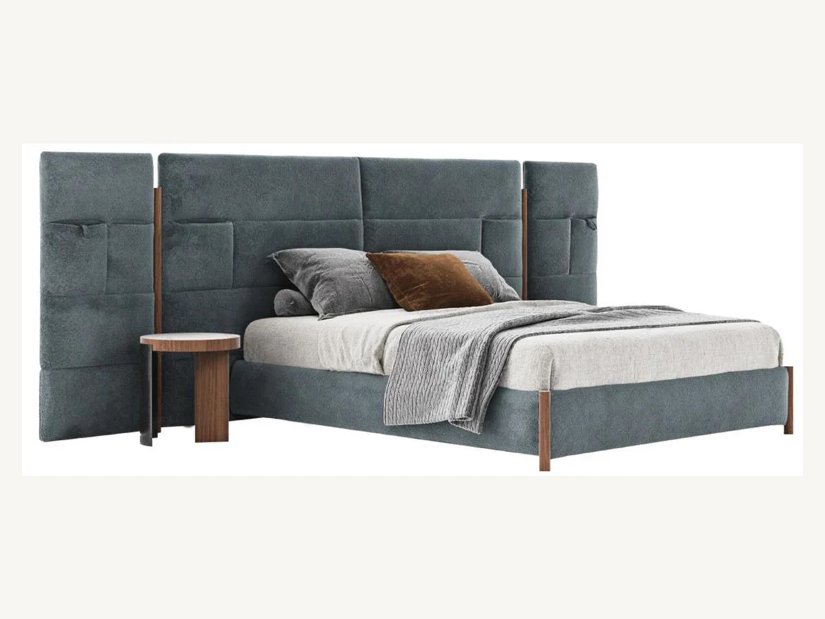 Paneled wing headboard platform bed with blue-grey upholstery