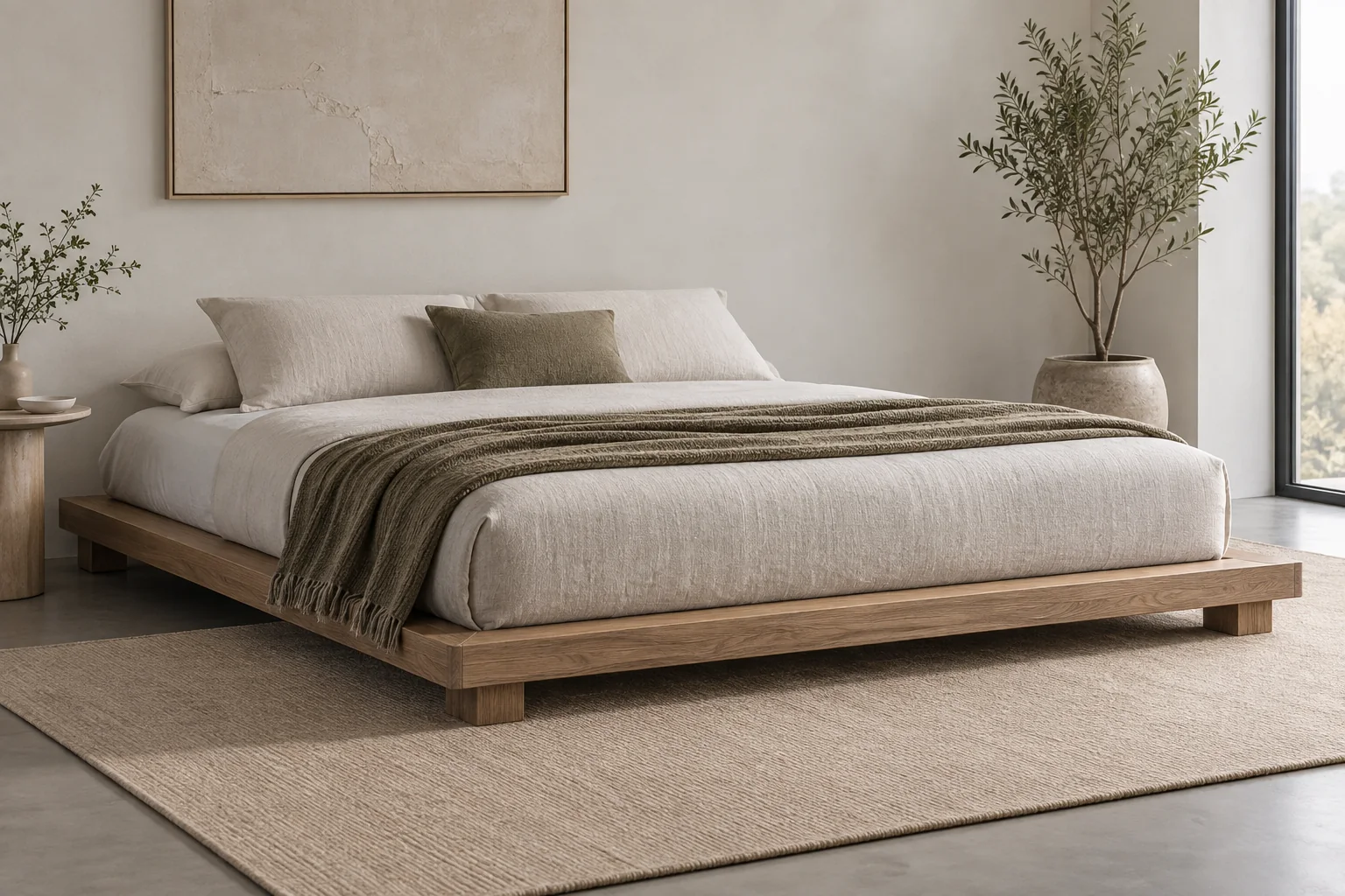 Low platform bed frame with a complete mattress and visible outer platform