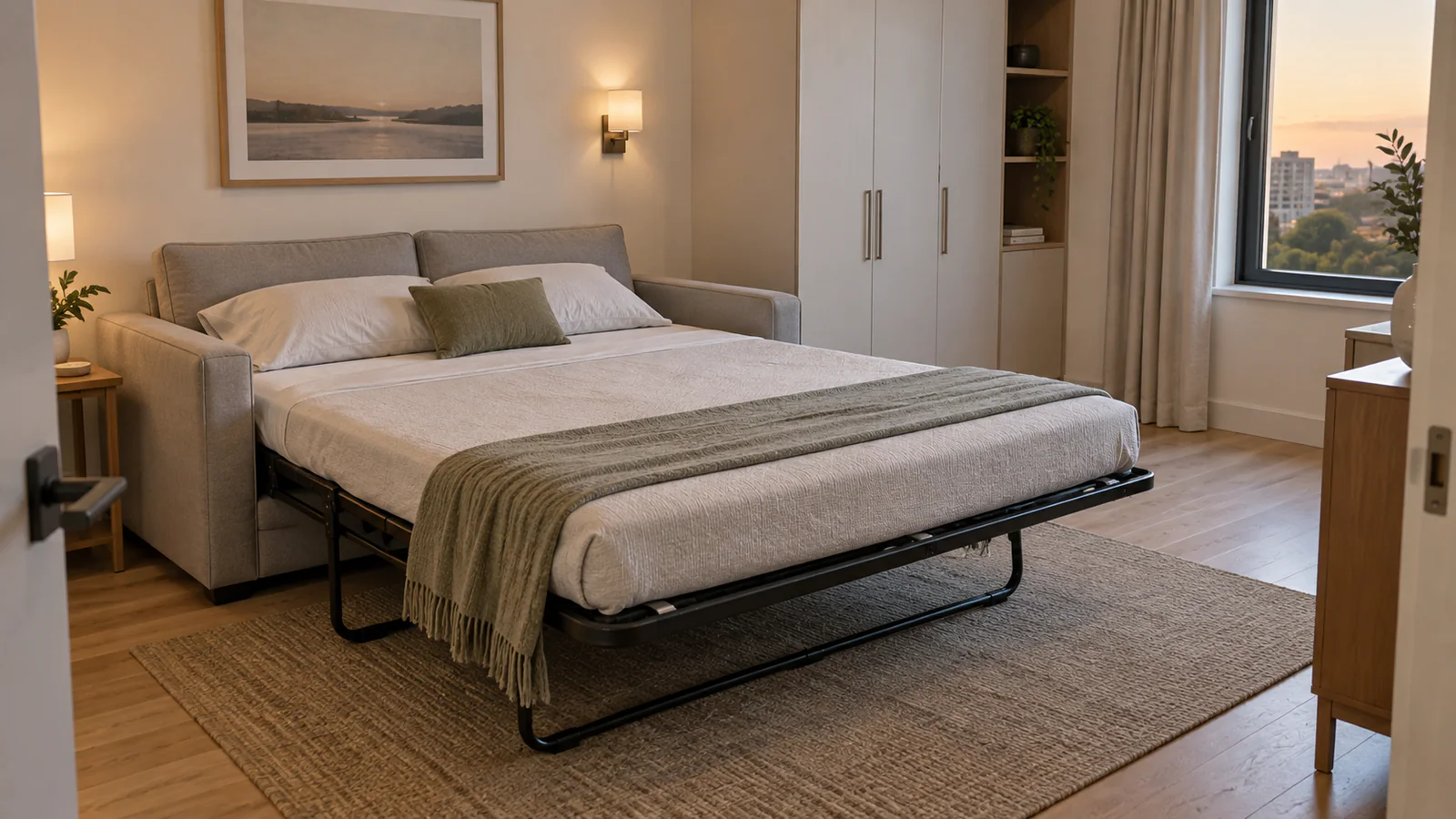 Open pull-out sleeper sofa in a serviced apartment guest room