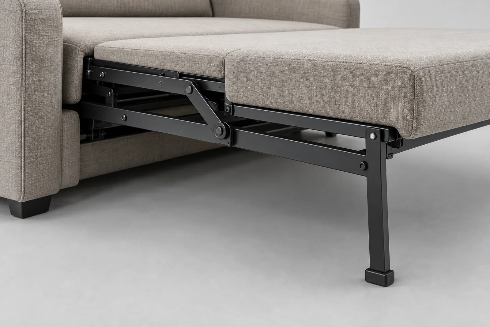 Close view of a pull-out sofa bed rail, hinge and deployed support leg