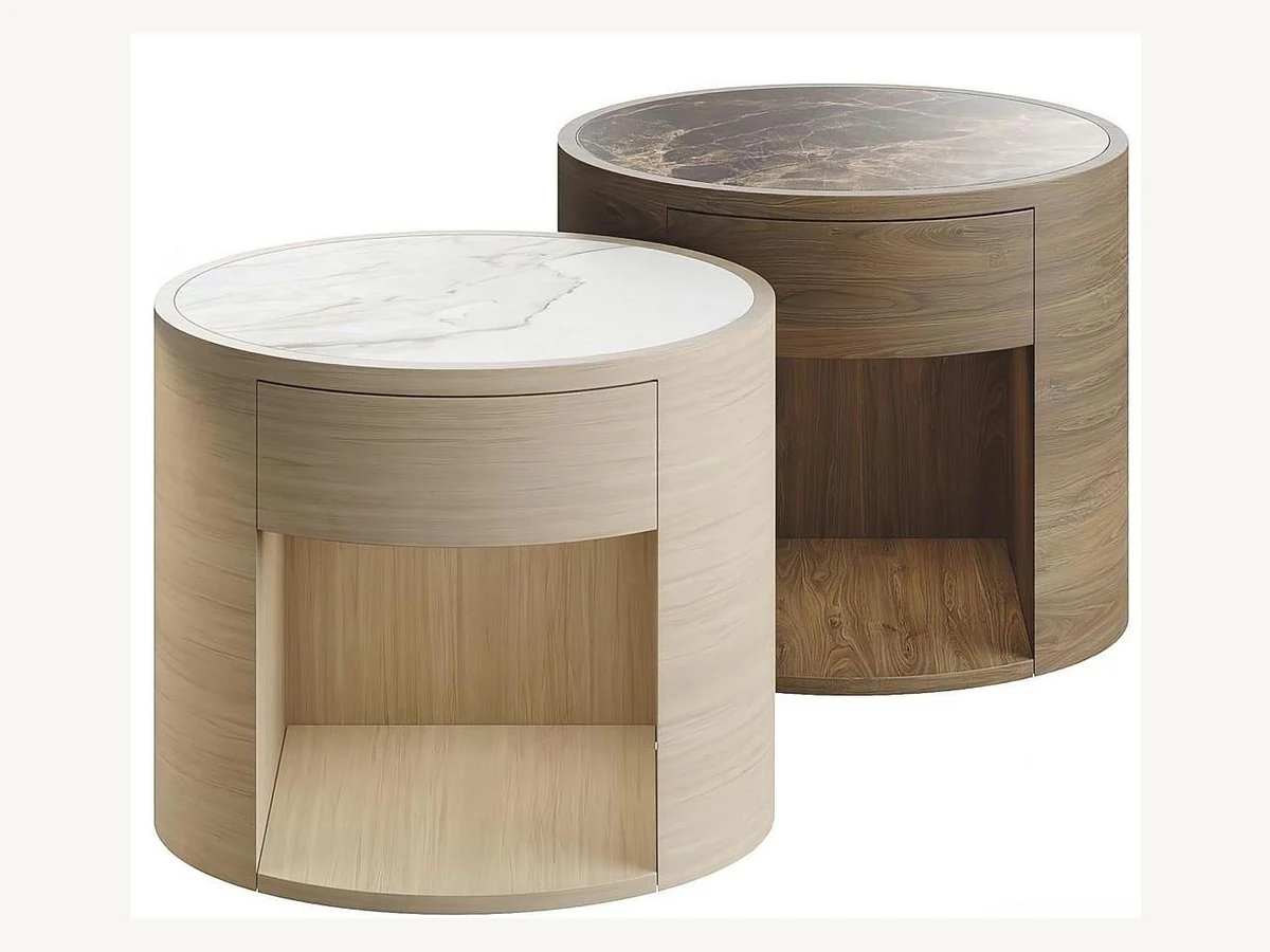 Rounded nightstand with stone-look top, curved drawer and open niche