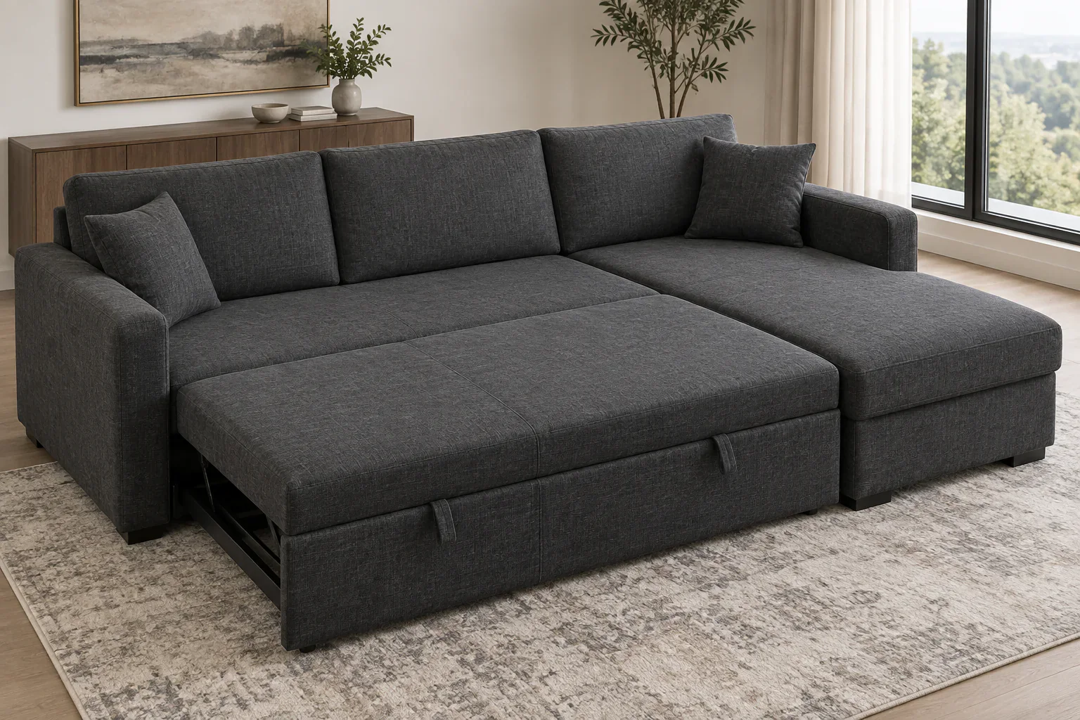 Sectional sofa bed with chaise fully opened as a sleeper