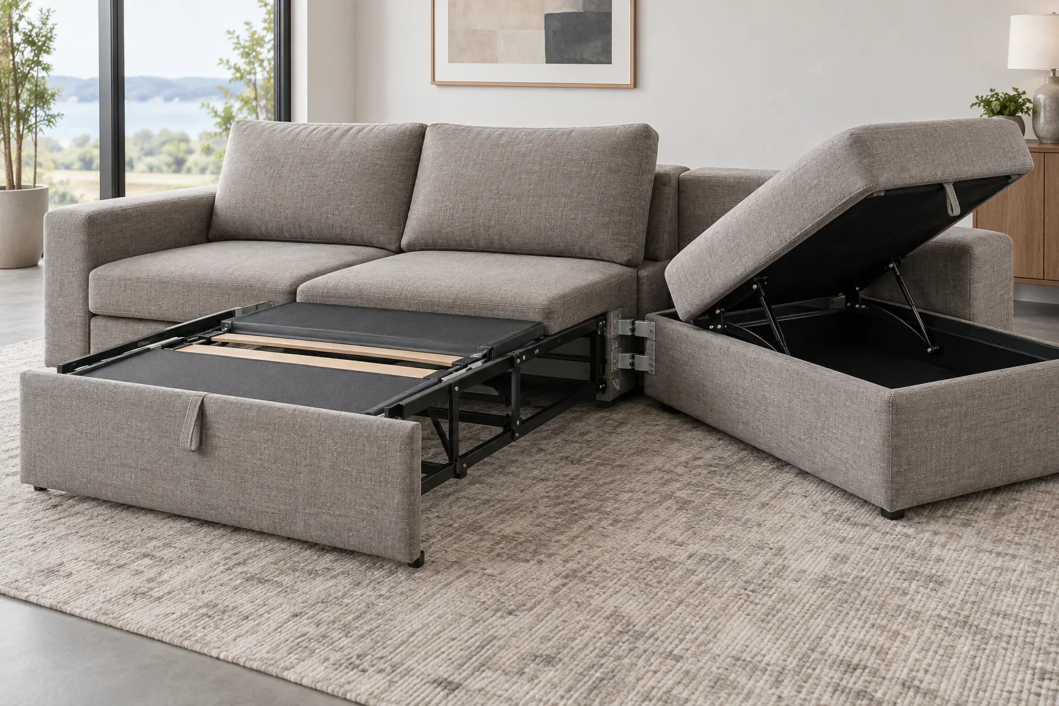 Sectional sleeper mechanism and chaise module connection
