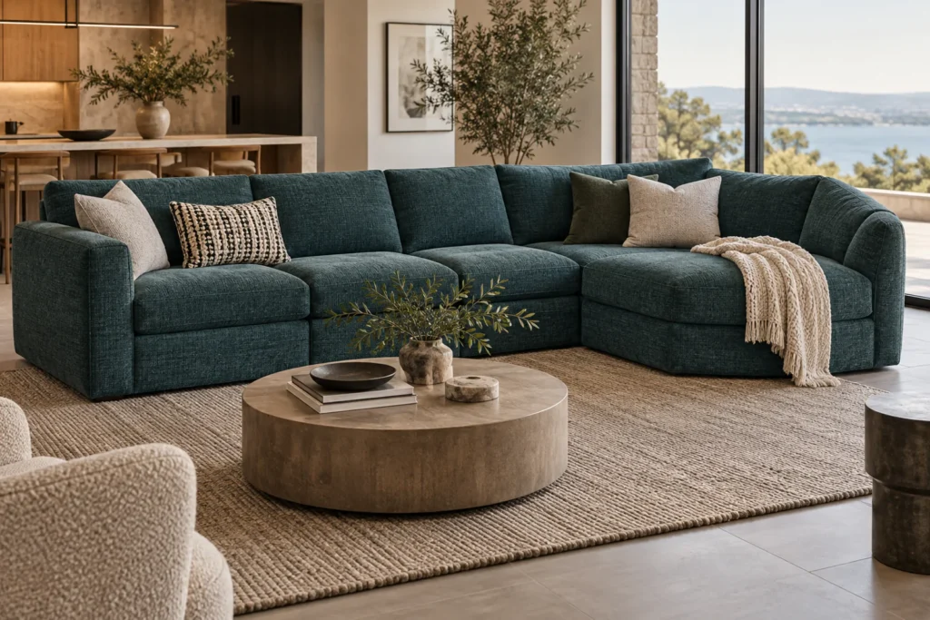 Modern sectional sofa with a wide curved cuddler end