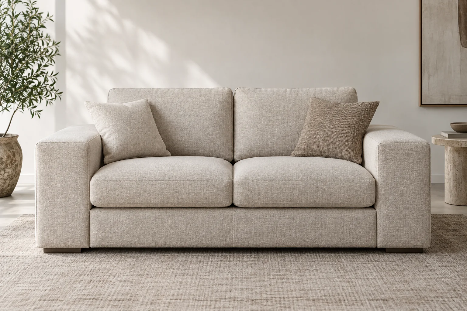 Two-seat sofa front view showing arms and usable seat width