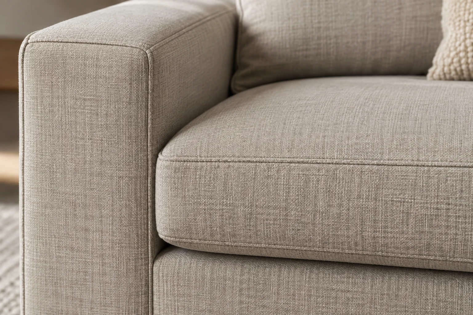 Upholstered sofa arm thickness and seat cushion detail