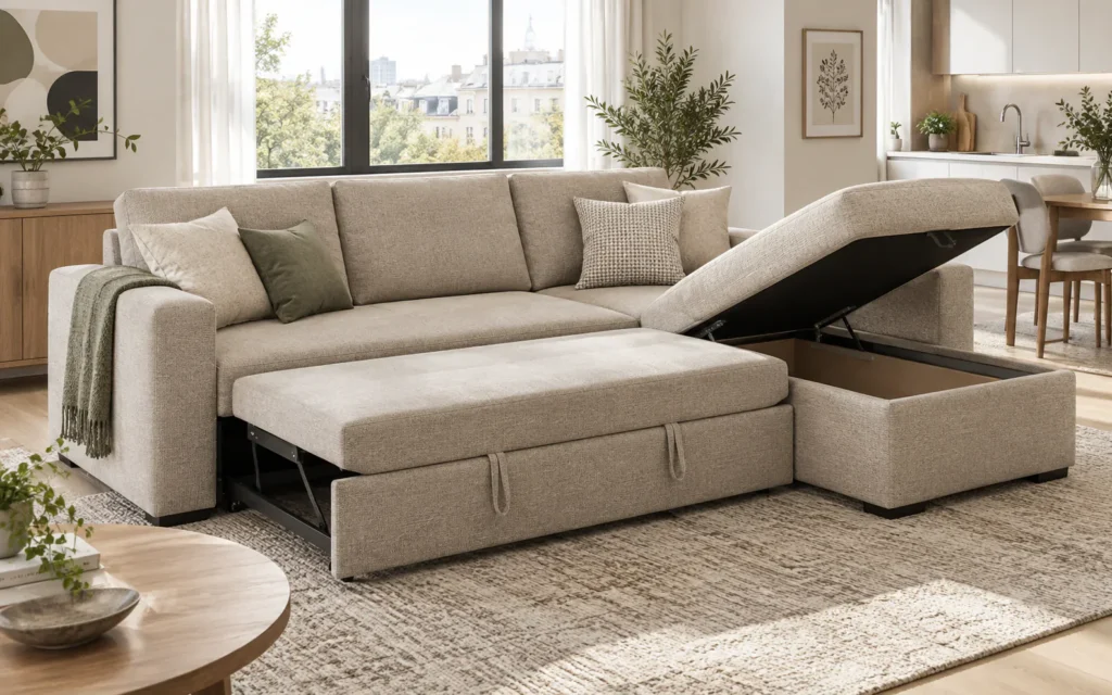 Sofa bed with chaise and lift-up storage compartment