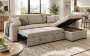 Sofa bed with chaise and lift-up storage compartment