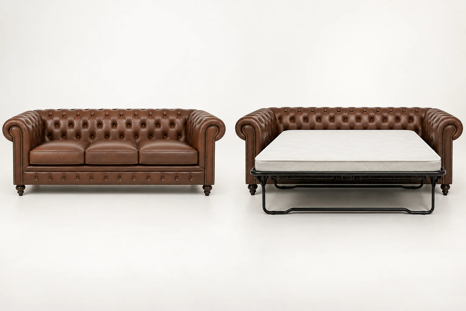 Standard versus sleeper Chesterfield Standard Chesterfield sofa beside an opened Chesterfield sleeper