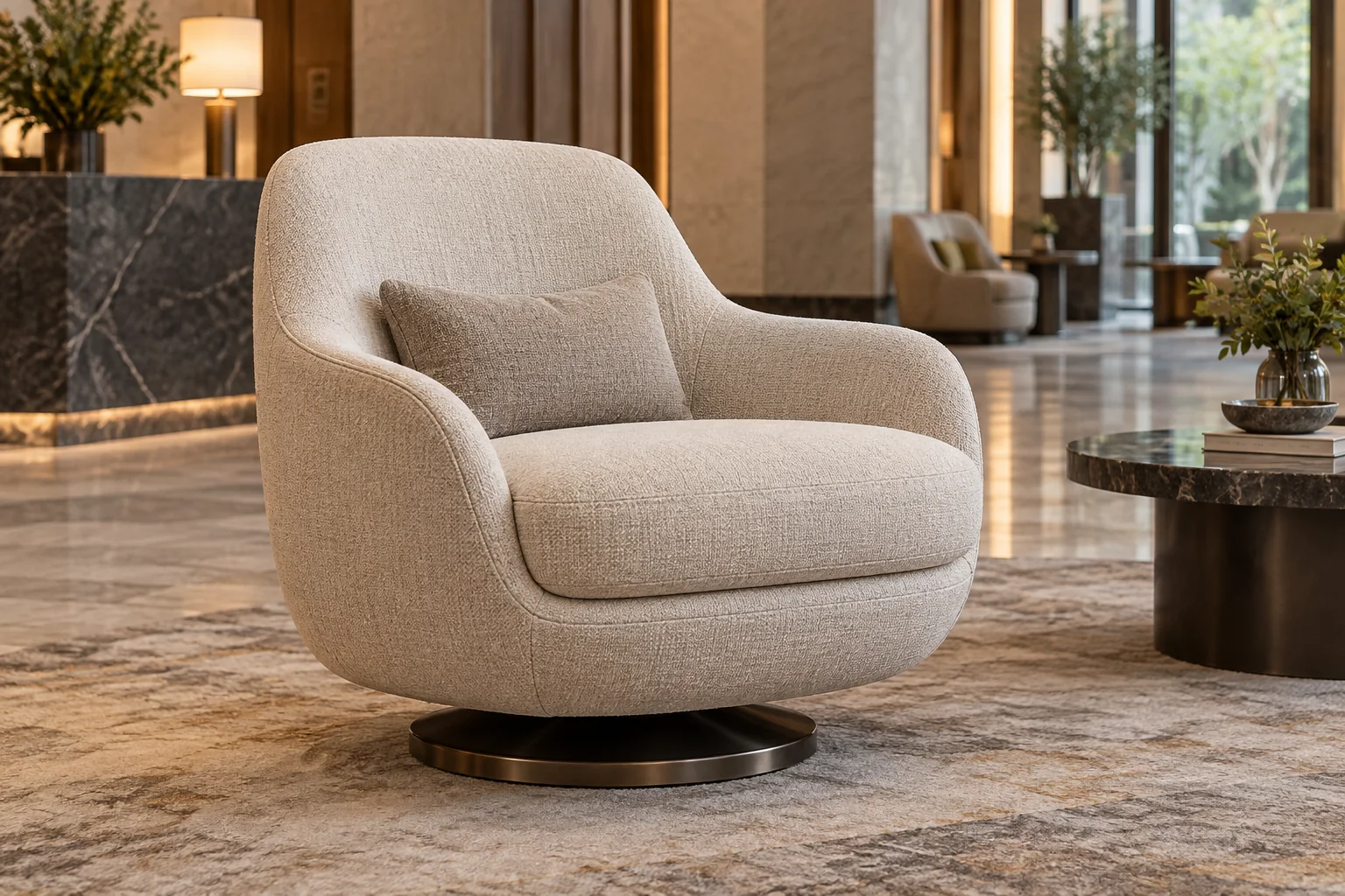 Swivel lounge chair on a round base in commercial lobby