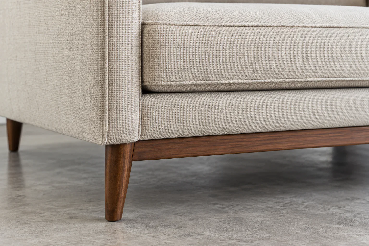 Tapered walnut leg and woven upholstery detail on a sofa bed