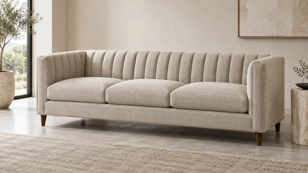 Modern warm neutral sofa with precise vertical channel tufting