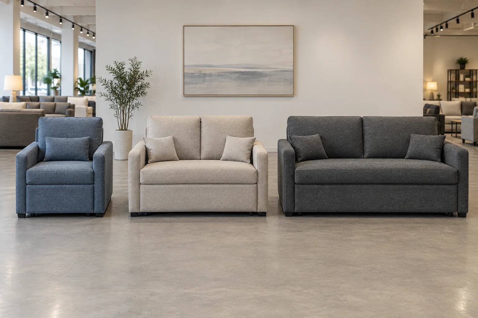 Twin full and queen sleeper sofa widths compared in a showroom