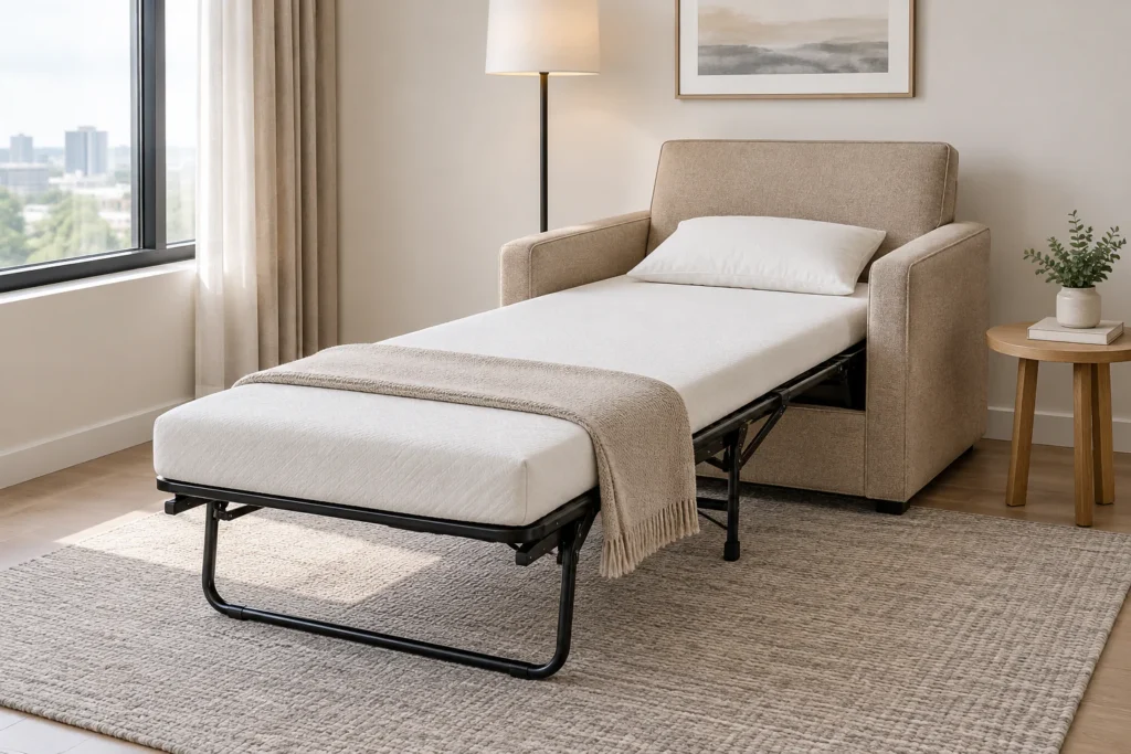 Twin size sofa bed opened to a narrow single sleeping surface