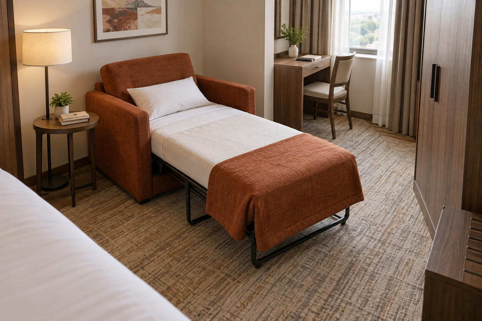 Twin sleeper chair opened in a compact guest room with side circulation