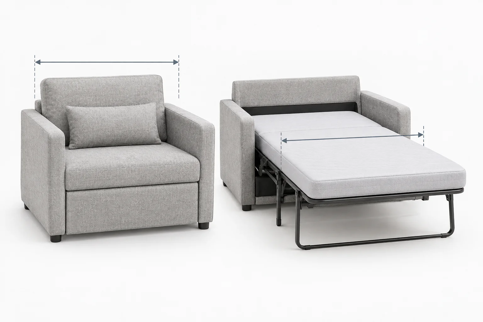 Closed twin sofa sleeper beside its opened sleeping surface with dimension arrows