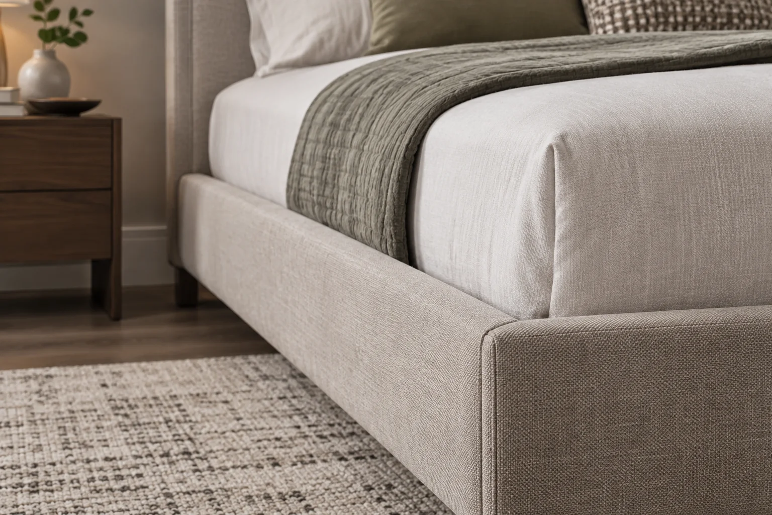 Upholstered bed frame side rail showing mattress position and fabric build