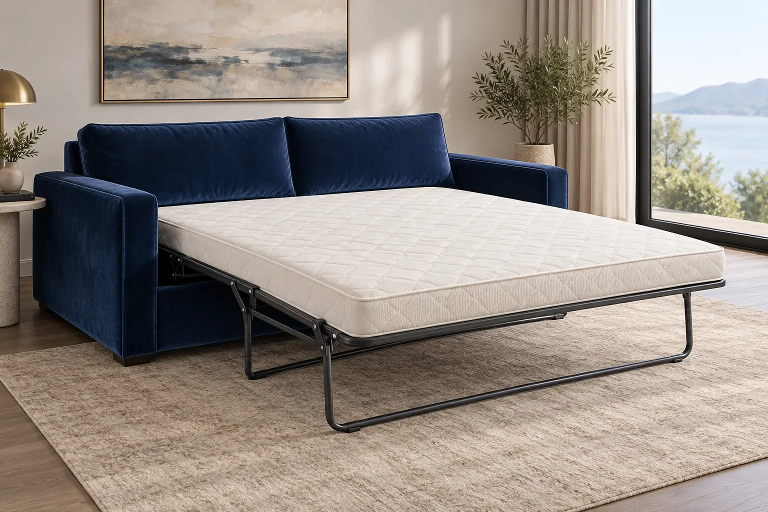Blue velvet sleeper sofa concept open with a separate ivory mattress