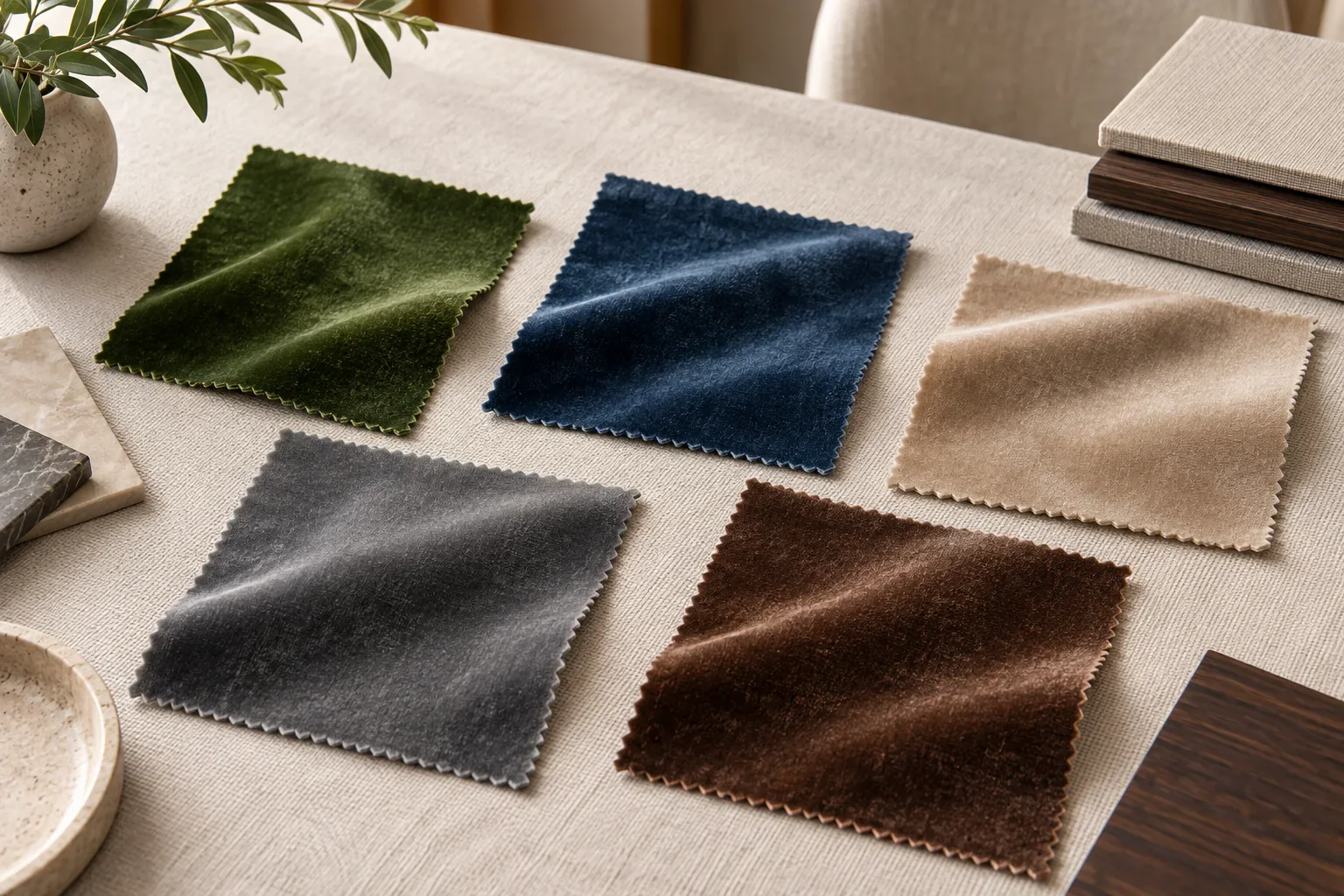 Green blue beige grey and brown velvet swatch concepts
