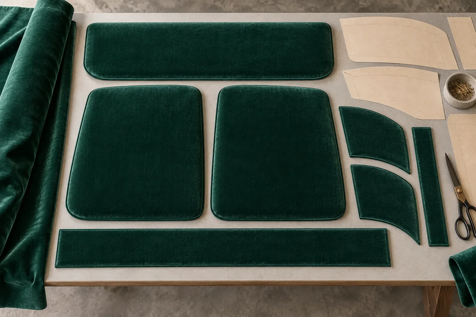 Emerald velvet upholstery cutting concept with consistently oriented panels