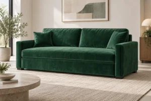 Green velvet sofa bed concept with short pile and directional sheen
