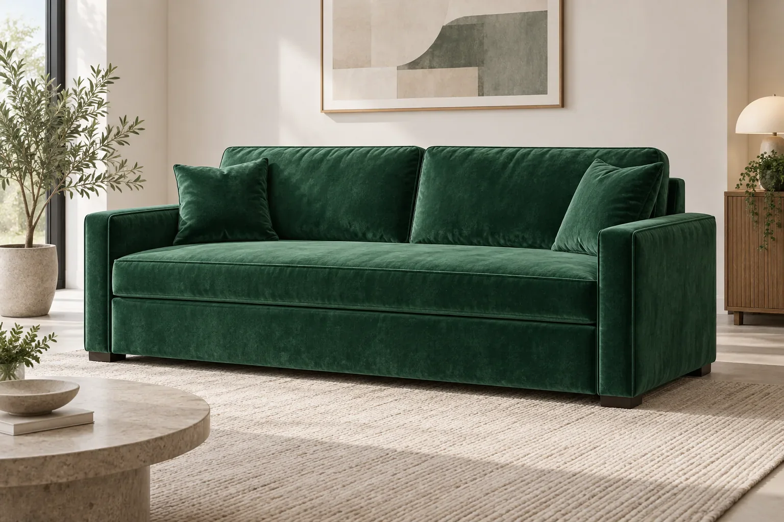 Green velvet sofa bed concept with short pile and directional sheen