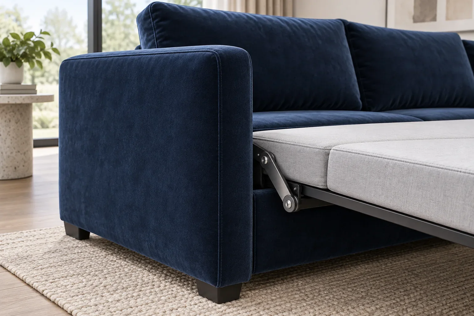 Navy velvet arm seam concept beside a sleeper hinge with clearance