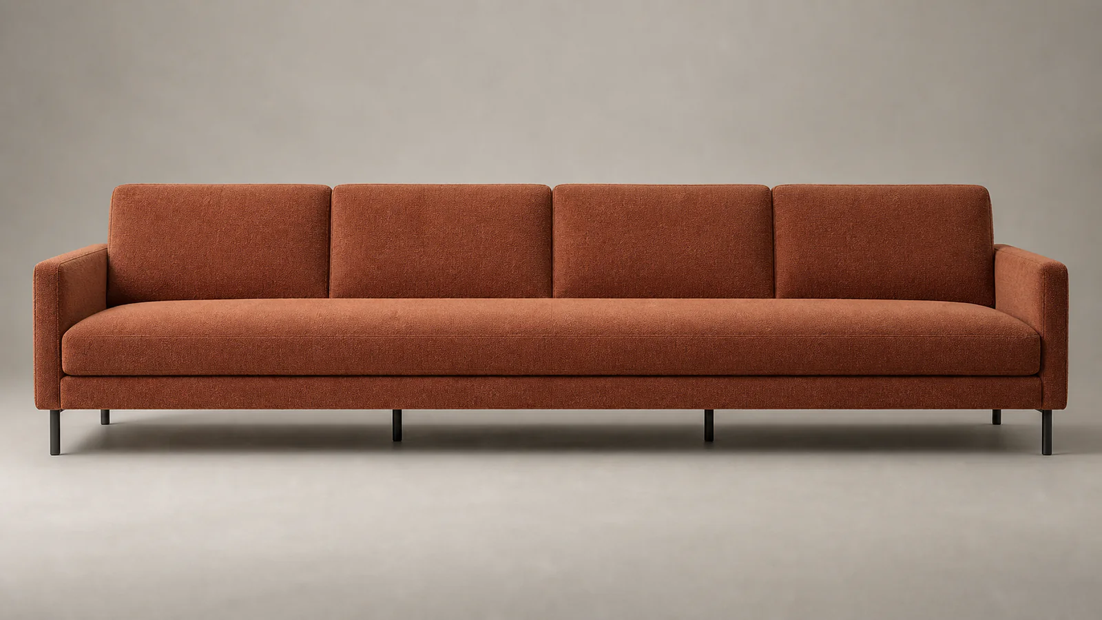 Wide bench-seat sofa Wide rust sofa with bench seat and four divided back panels