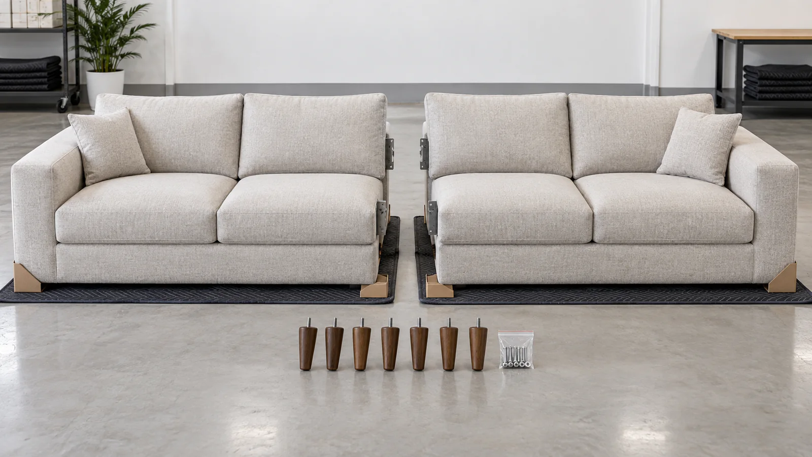 Wide sofa delivery modules Wide upholstered sofa shown in two designed delivery modules with detachable legs